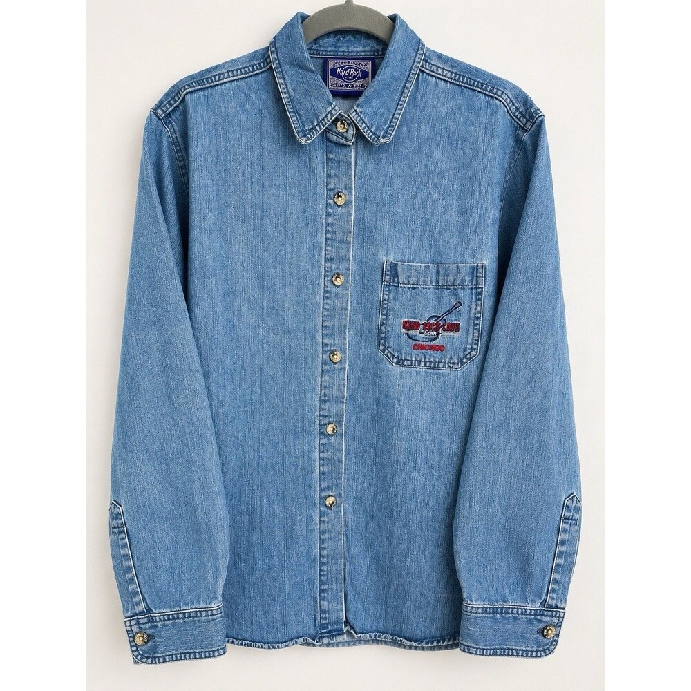Hard Rock Cafe Chicago Denim Button Up Shirt Logo Buttons Embroidered L